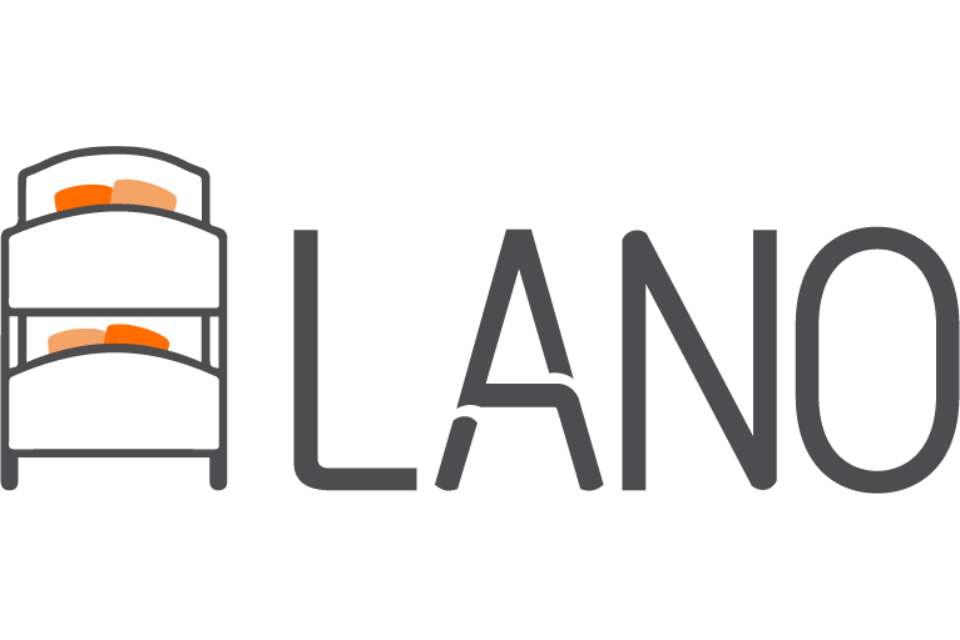 LANO logo – icon of a gray bunk bed from the front perspective with orange pillows, next to the minimalist gray inscription 'LANO'